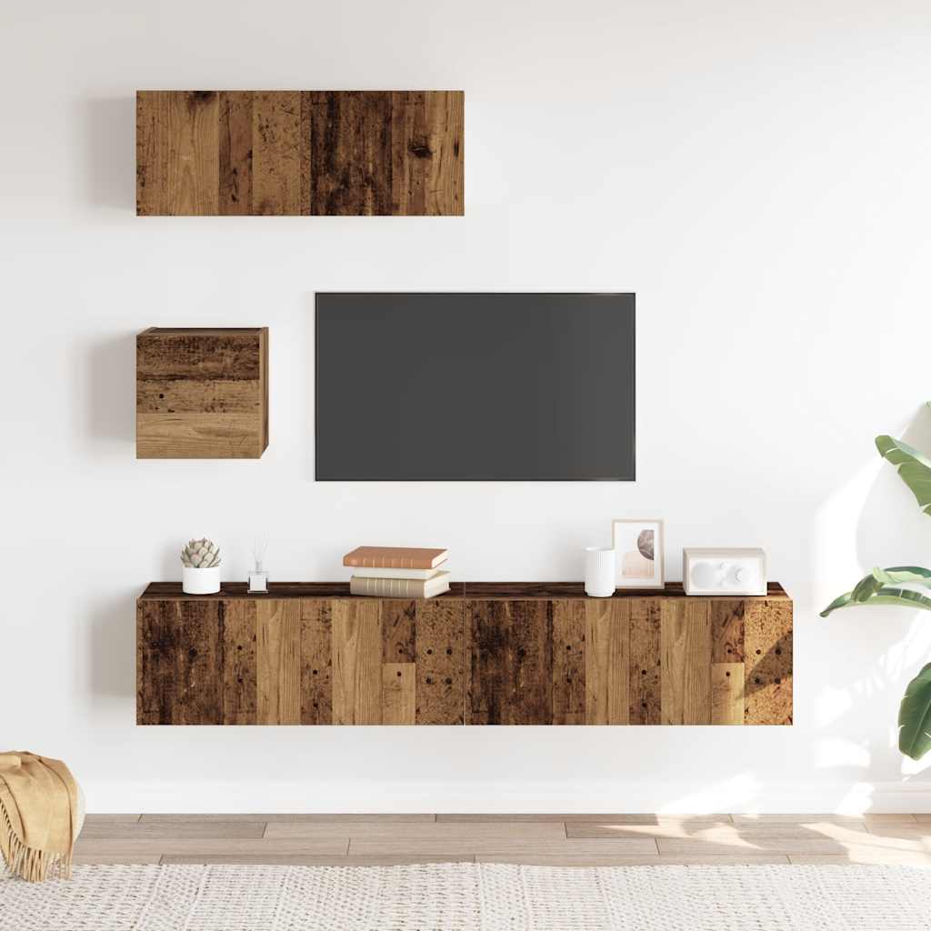 4 Piece TV Cabinet Set Wall-mounted Old Wood Engineered Wood